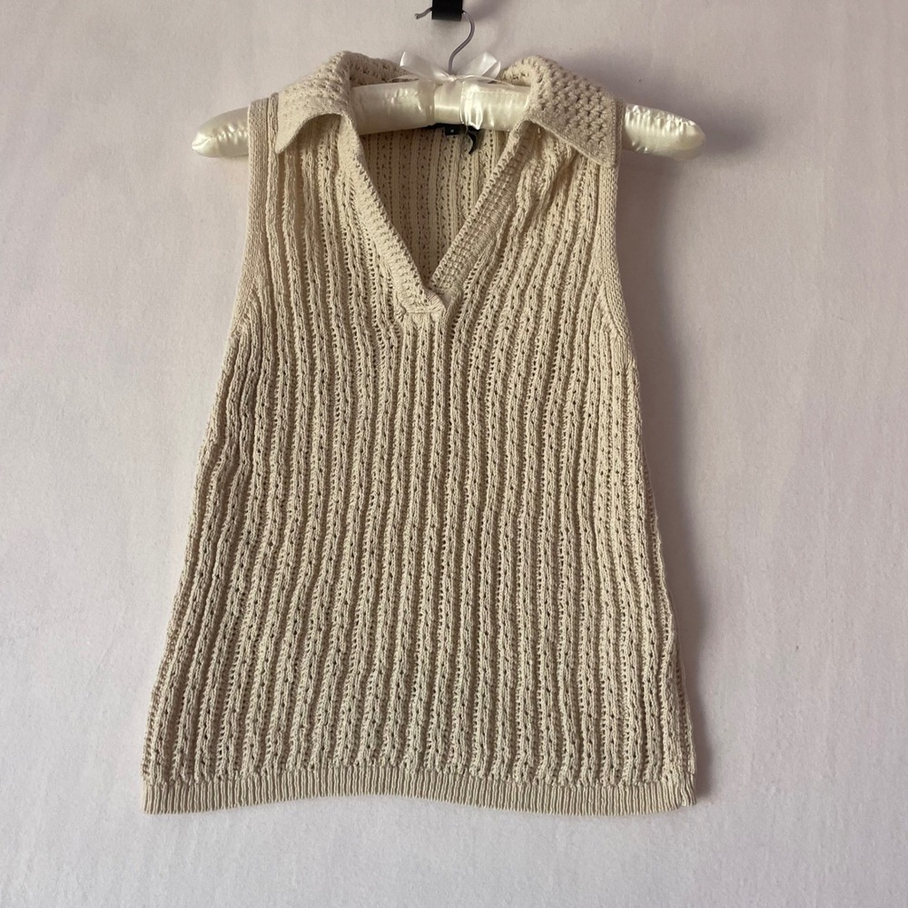 DKNY Jeans Womens Cream Ribbed Knit Sleeveless V-Neck Collared Sweater Vest M